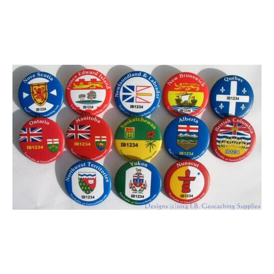 13 Trackable Canadian Geocaching Button Lot - Province & Territory Flags image {1}